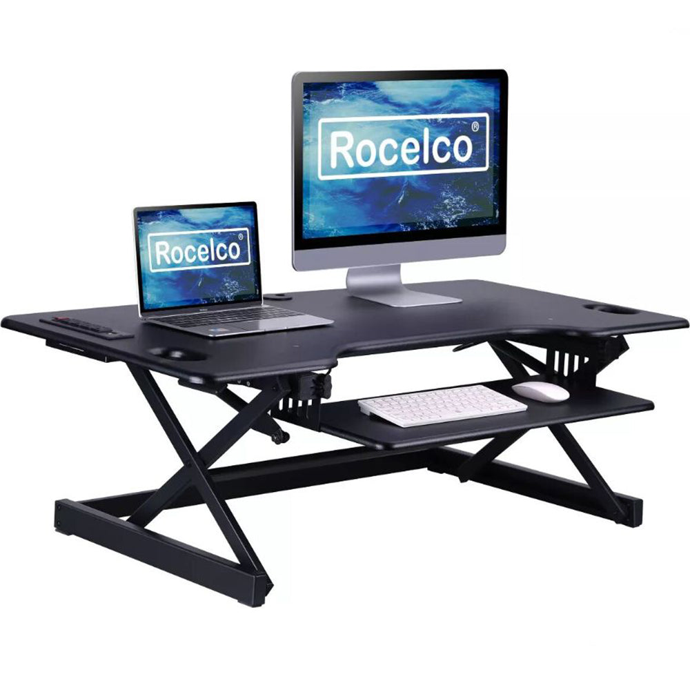 Rocelco 46" Sit To Stand Adjustable Height Desk Riser with USB & AC (Black)