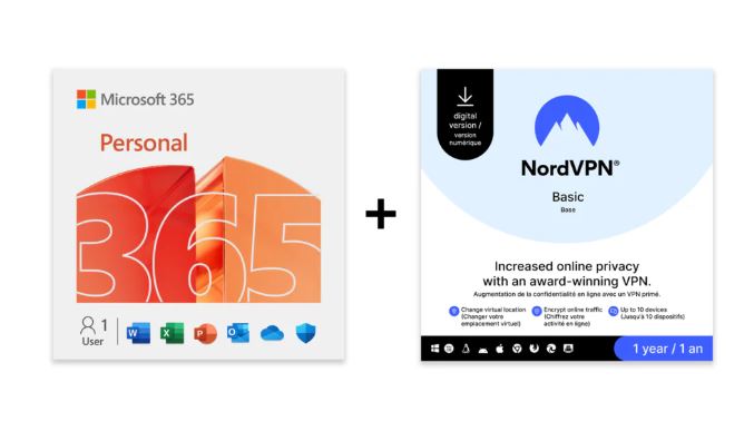 Microsoft 365 Personal for 1 User (1 Year) + NordVPN Basic VPN (10 Device / 1 Year) - Download