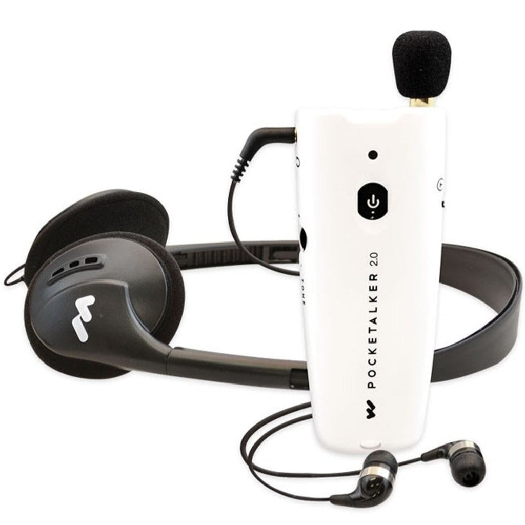Williams Sound Pocketalker 2.0 Personal Amplifier with Over-The-Head Headphones & Mini Earbuds (White)