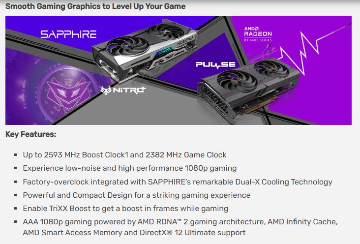 SAPPHIRE Pulse AMD Radeon RX 6600 XT Gaming 8GB GDDR6 HDMI / Double DP
