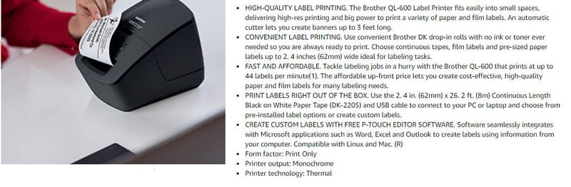 Imprimante d'étiquettes de bureau économique Brother QL-600
