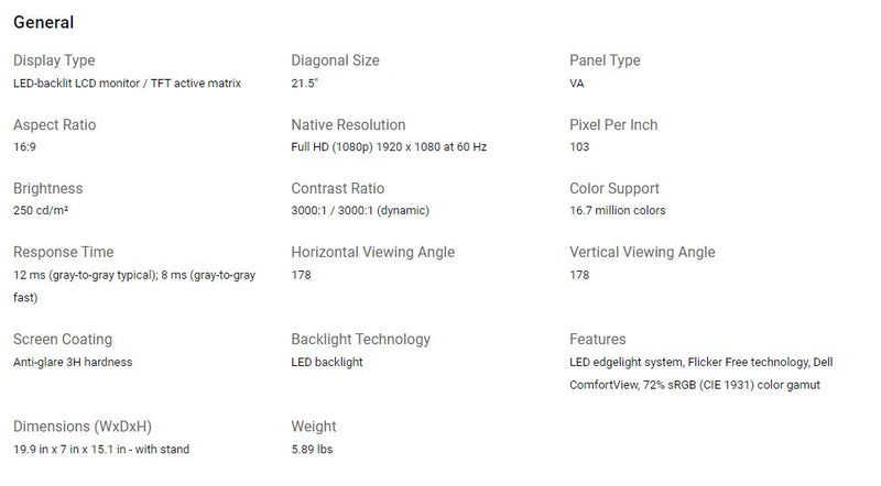 Dell 22" SE2222H VA Panel Full HD Monitor